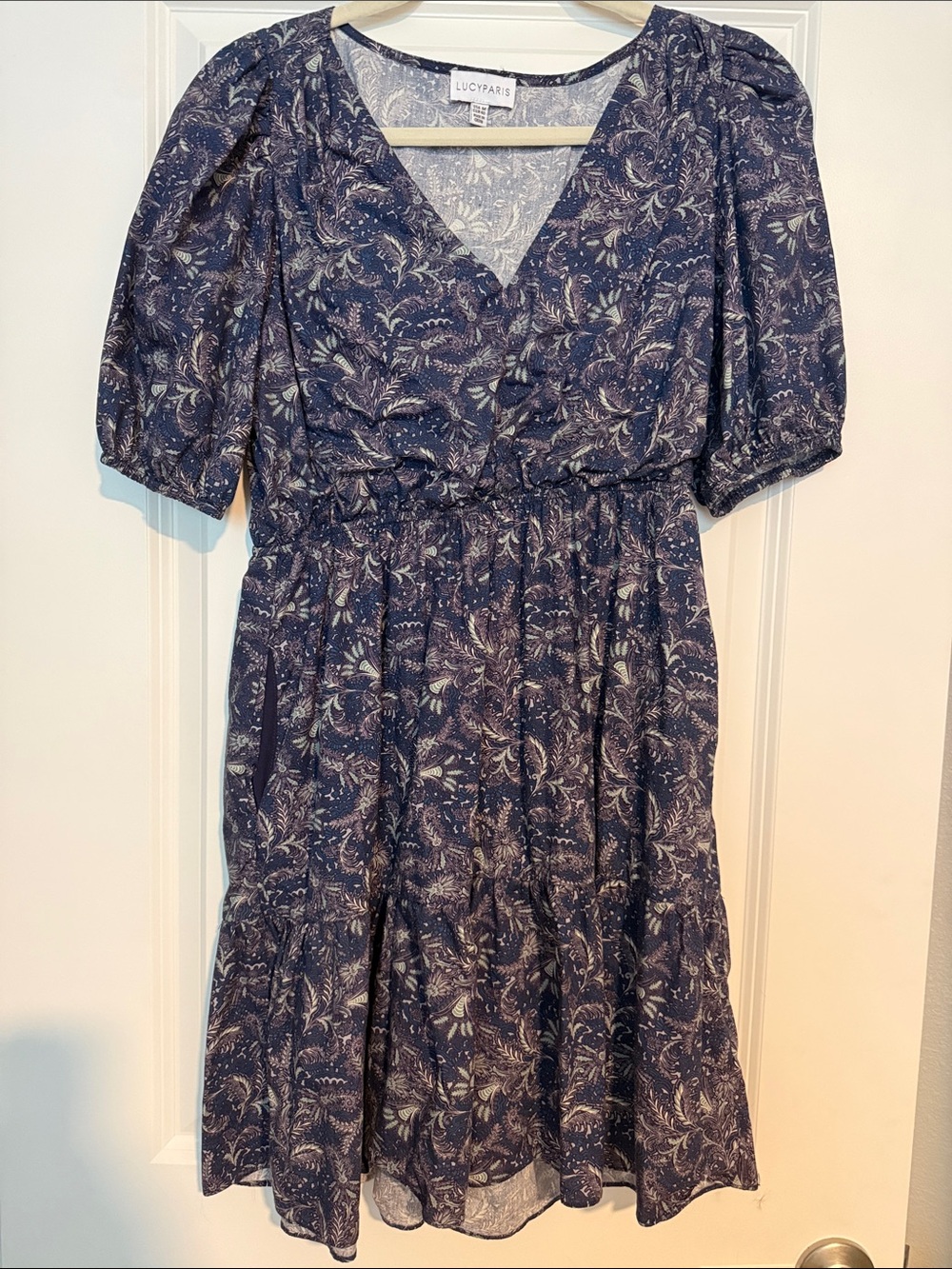Lucy Paris Navy Floral V-Neck Tiered Midi Dress with Puff Sleeves